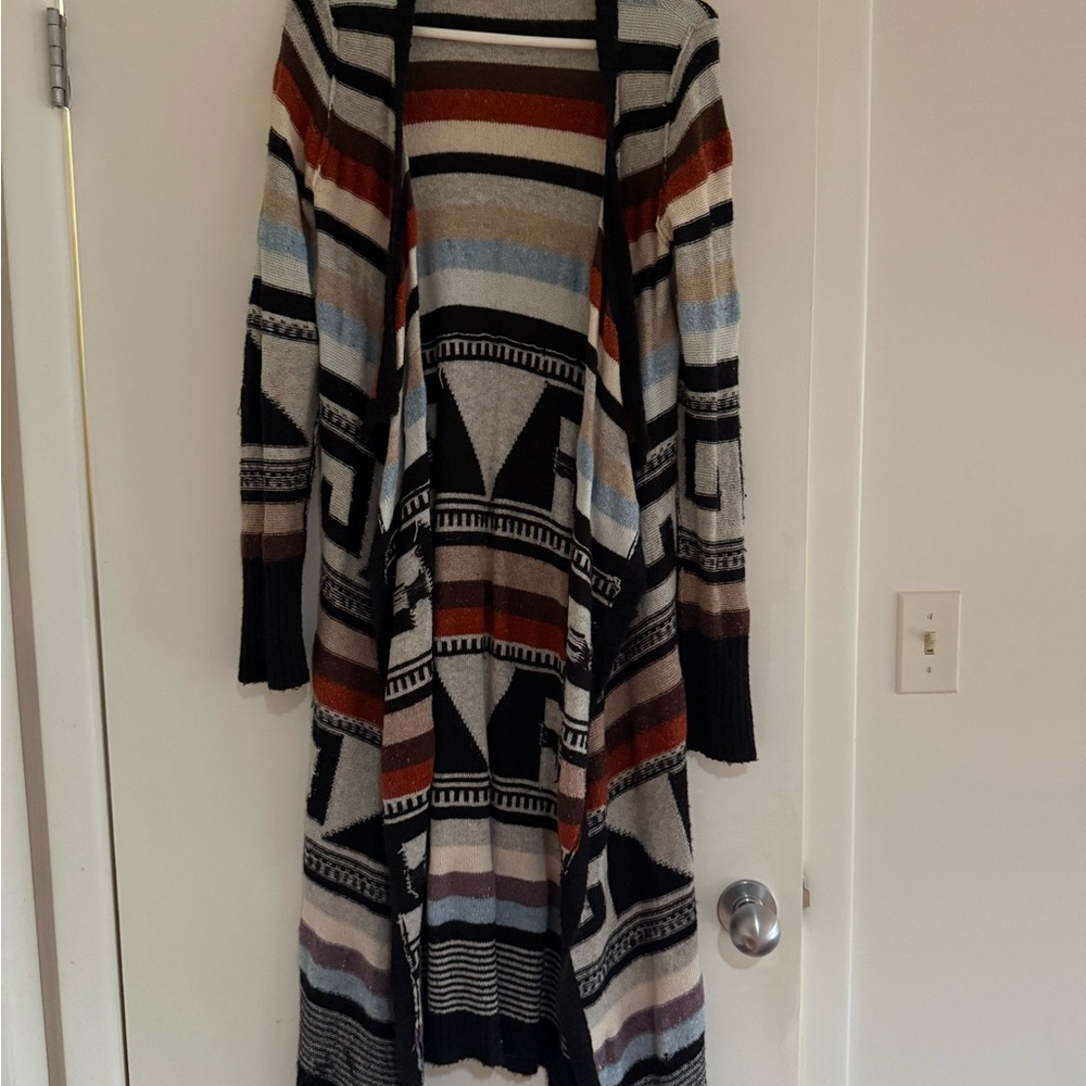 Free People Black Multi Aztec Long Open-Front Cardigan